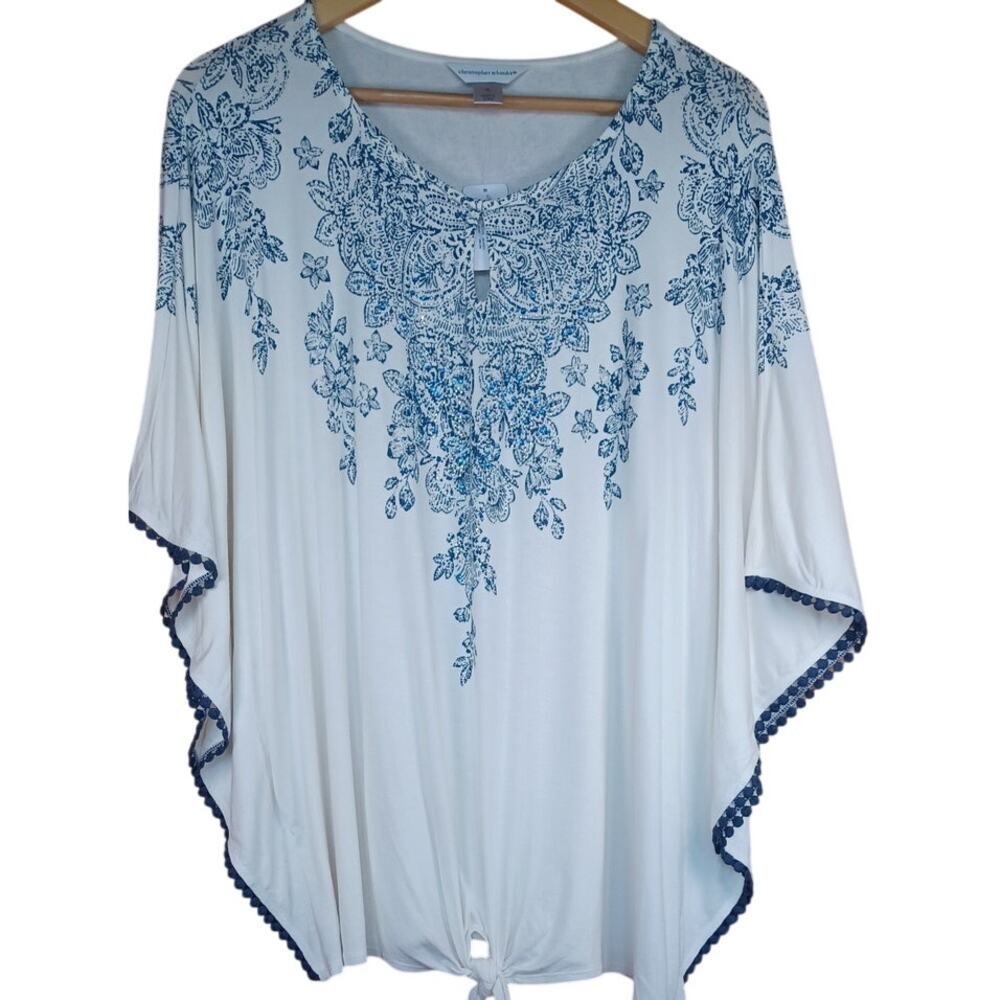 Christopher & Banks White Blue Embellished Boho Poncho Tie Front Top XL - Picture 9 of 10
